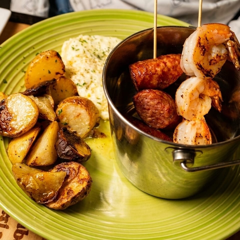 Breakfast plate with roasted potatoes, scrambled eggs, toast, and a bucket of shrimp and sausage skewers.