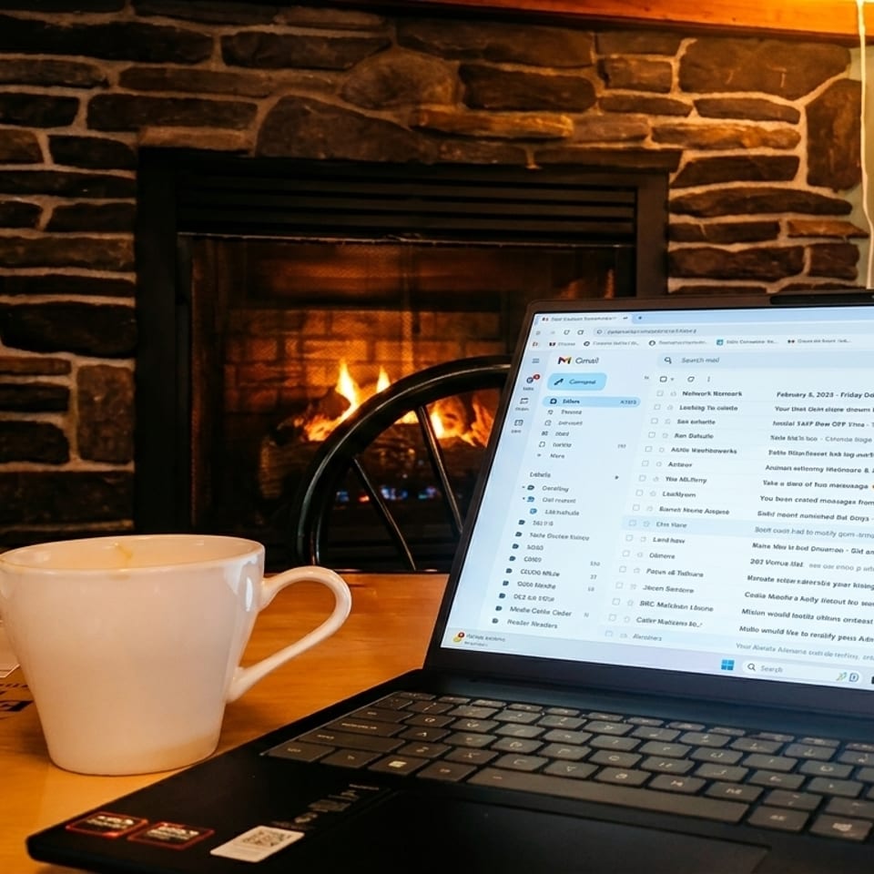 A laptop and coffee mug on a wooden table, with a cozy fireplace burning in the background.