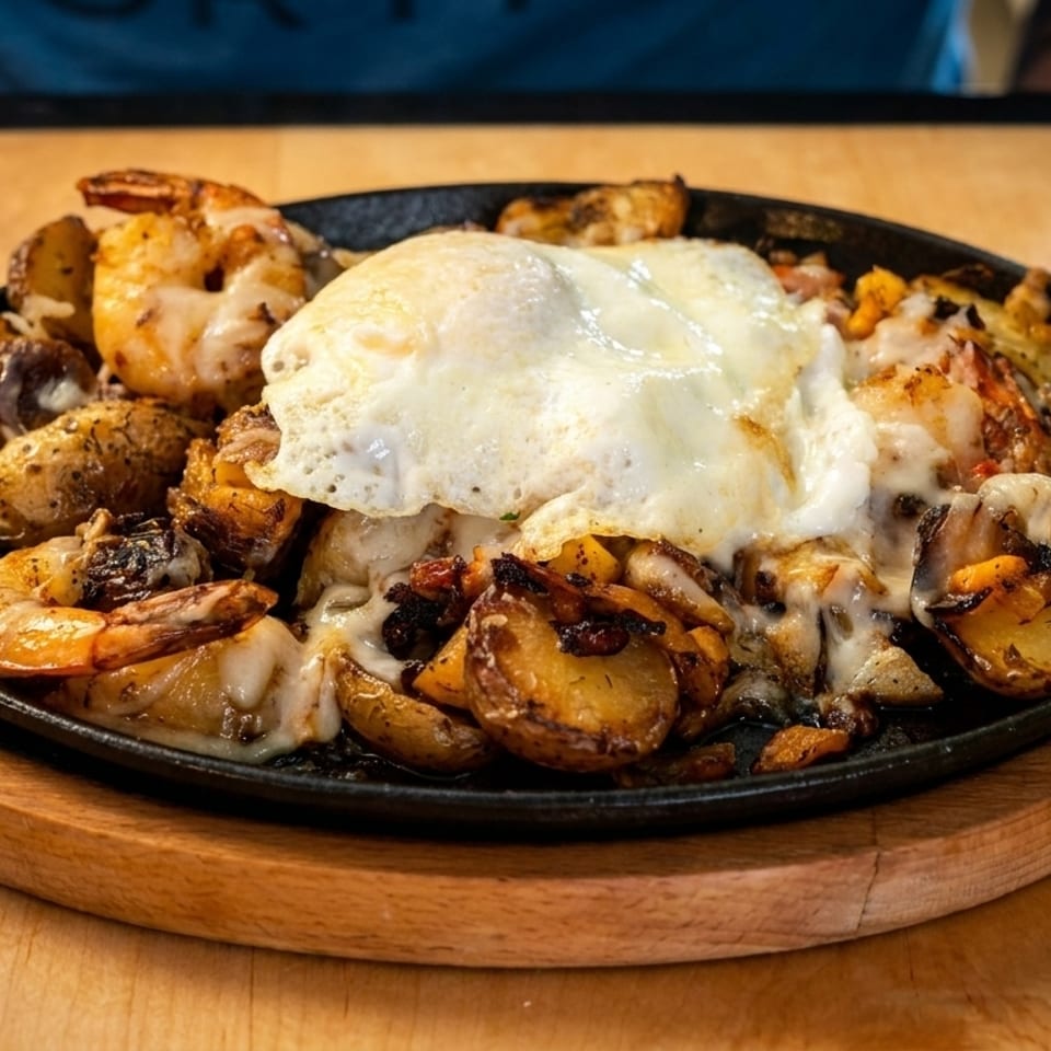 Shrimp and potatoes with melted cheese and a fried egg in a sizzling cast iron skillet.