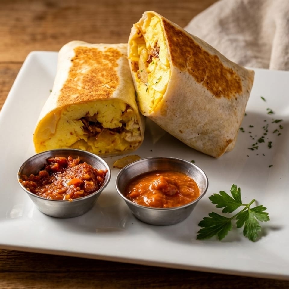 Two breakfast burritos filled with eggs and bacon, served with two small cups of salsa.