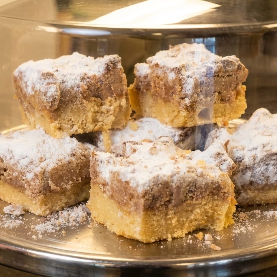 Powdered sugar-dusted coffee cake squares with a crumb topping sit on a silver platter under a glass dome.