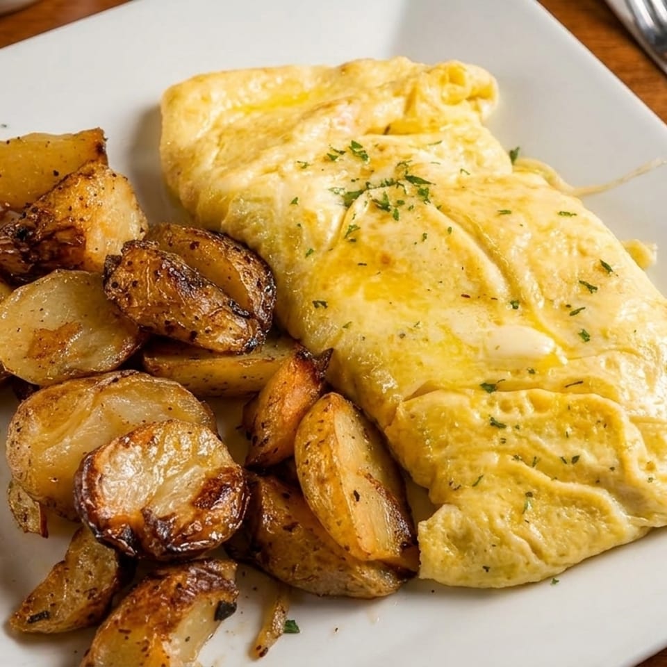 A fluffy omelet with melted cheese and herbs, served alongside crispy roasted potatoes on a white plate.