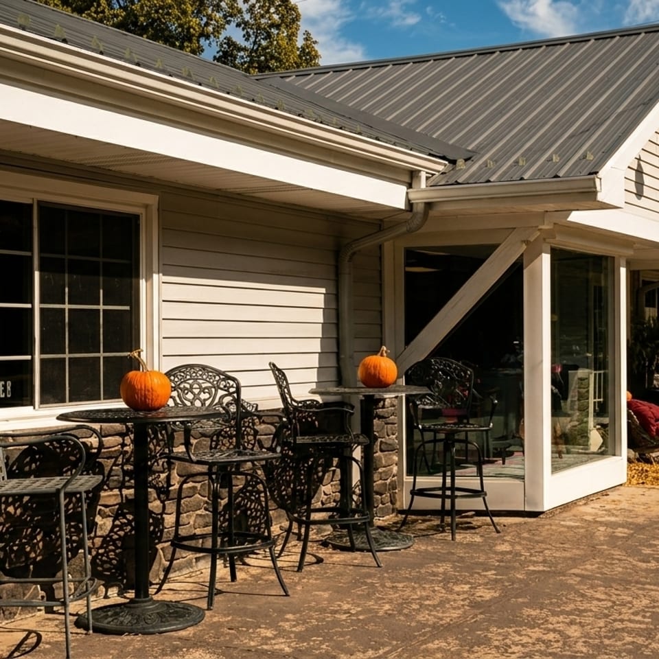 Outdoor patio with black metal tables and chairs, decorated with pumpkins, next to a building.