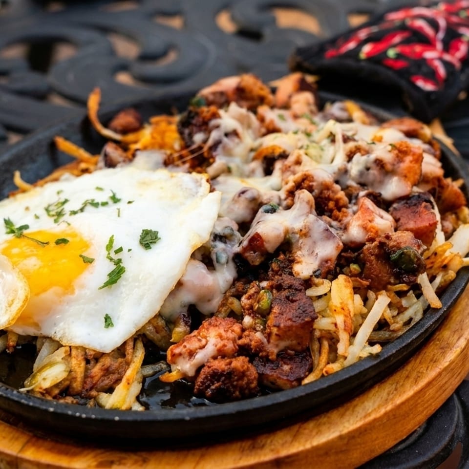Breakfast skillet with hash browns, chorizo, melted cheese, and a fried egg on a patio table.