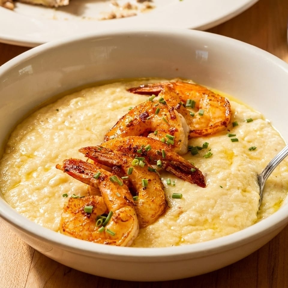 Shrimp and grits in a white bowl with a spoon, garnished with chives on a wooden table.