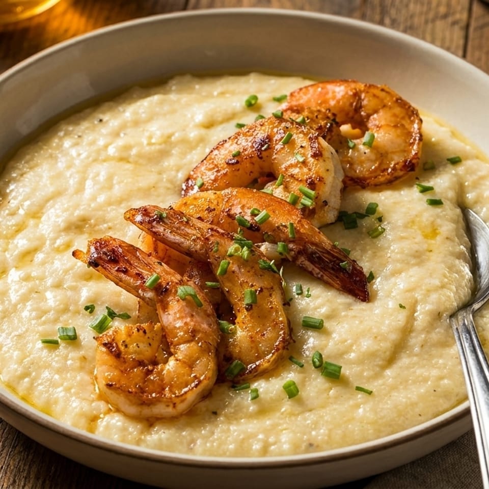 Creamy shrimp and grits with chives in a bowl on a rustic wooden table.