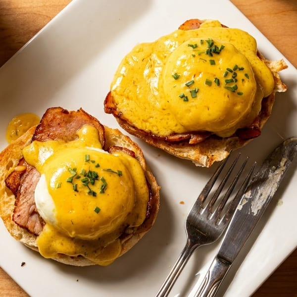 Two eggs Benedict with hollandaise sauce and chives on a white plate with a fork and knife.